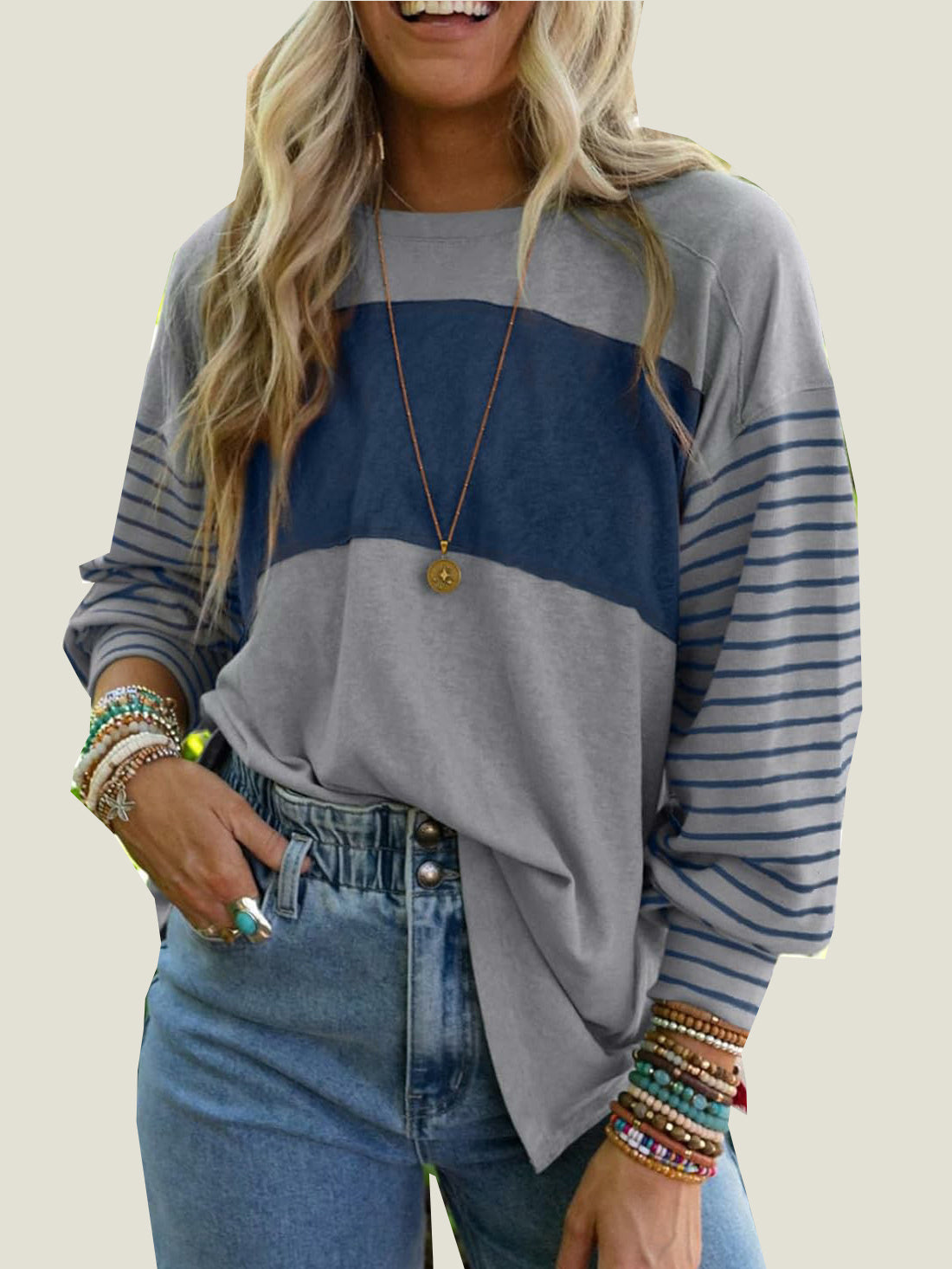Women's Cute Color Block Long Sleeve Casual Top (Buy 2 Free Shipping)