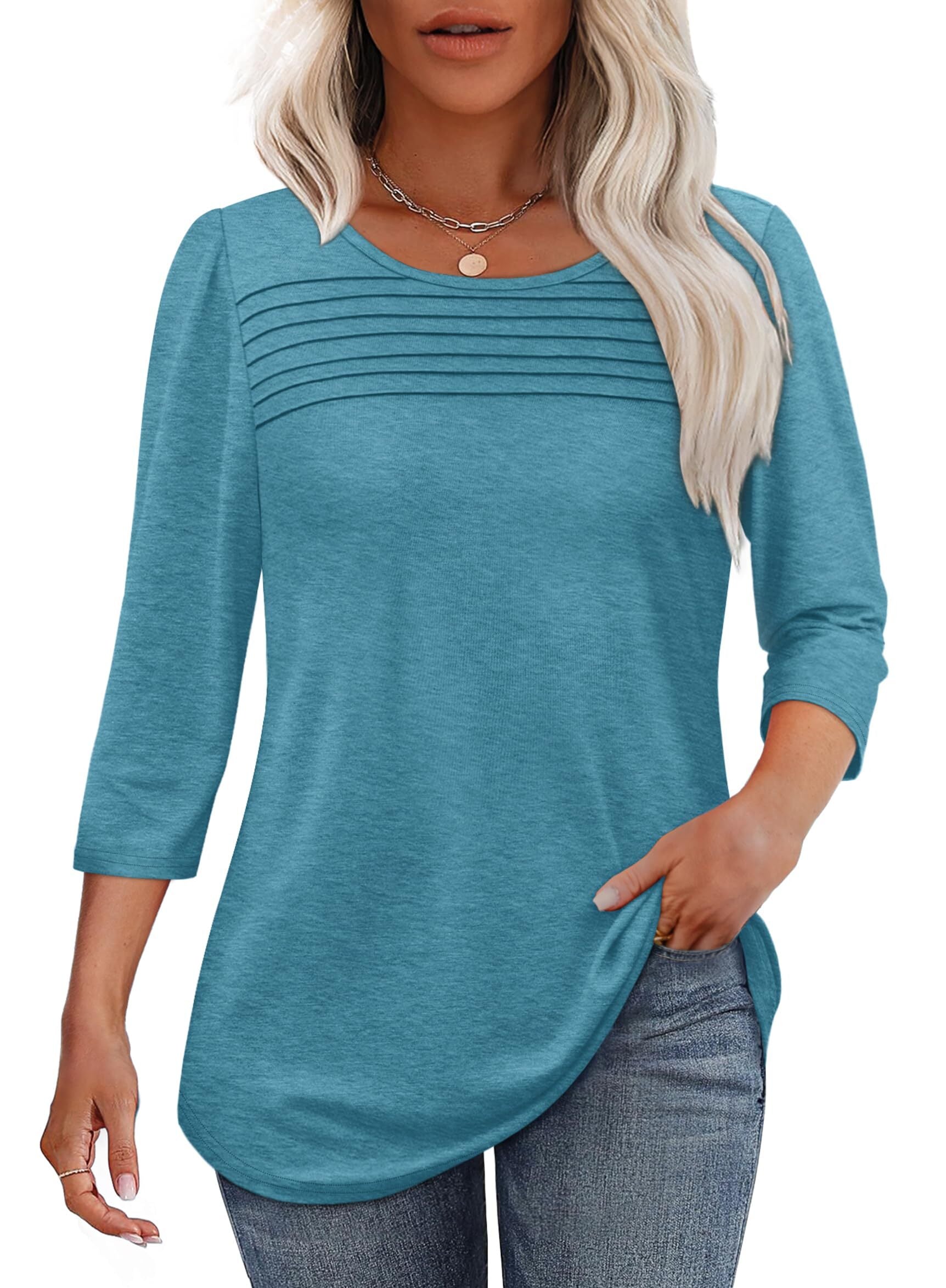 Women's 3/4 Length Sleeve Top Pleated Front T-Shirt (Buy 3 Free Shipping)