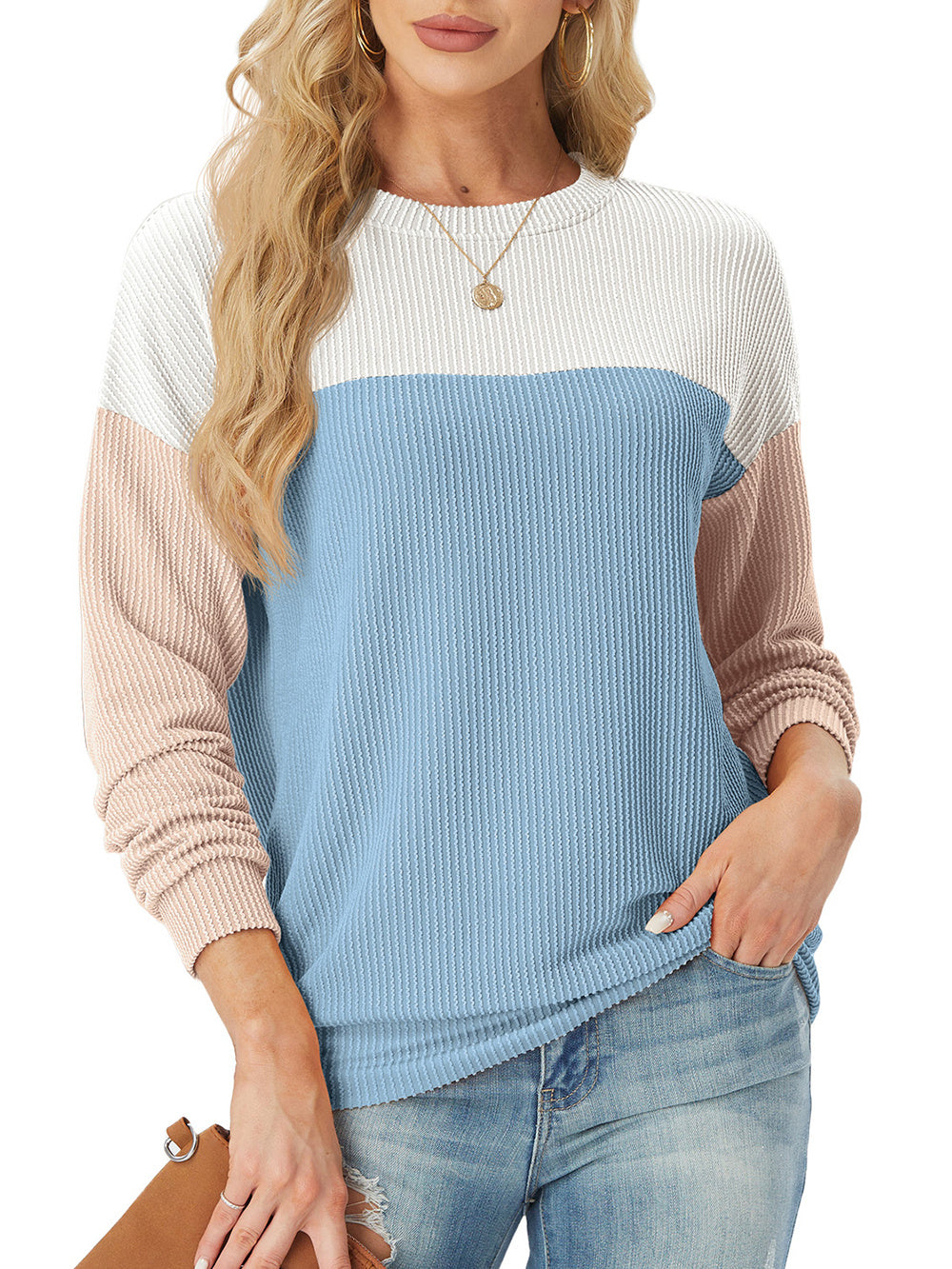 Women's Crewneck Color Block Ribbed Tops (Buy 2 Free Shipping)