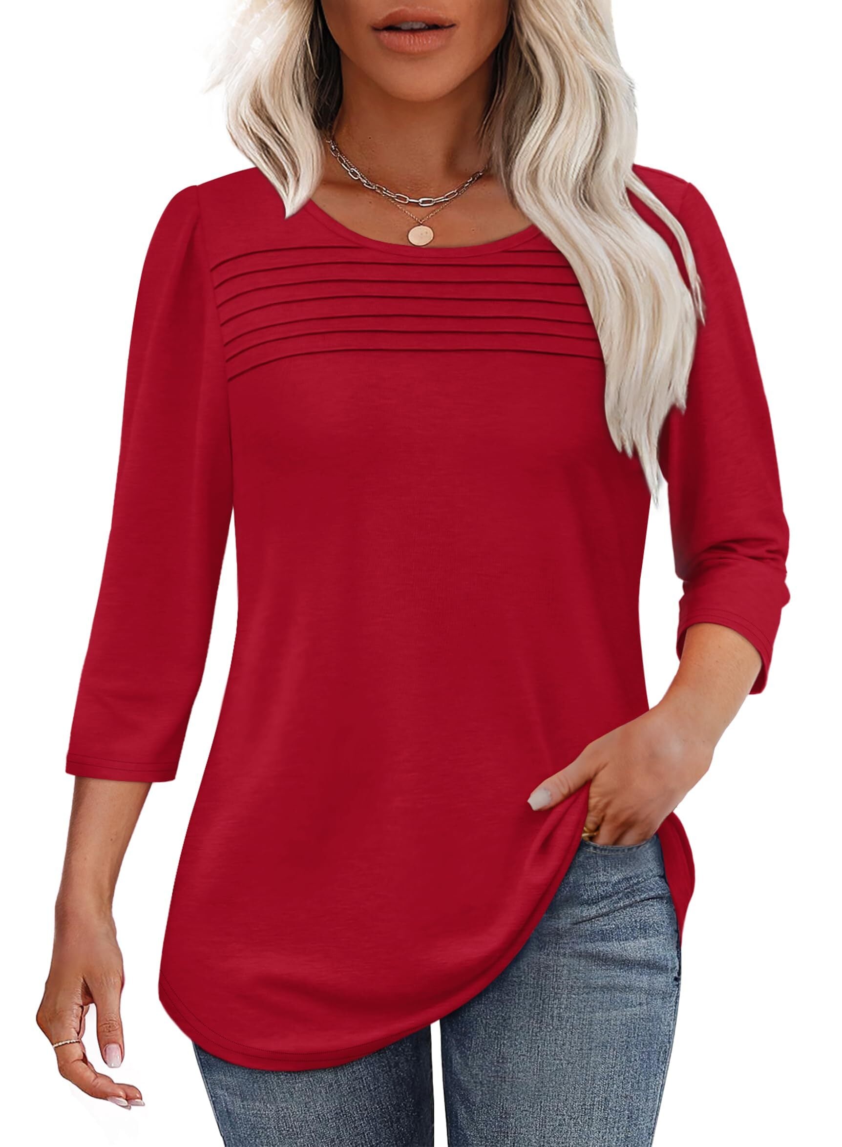 Women's 3/4 Length Sleeve Top Pleated Front T-Shirt (Buy 3 Free Shipping)