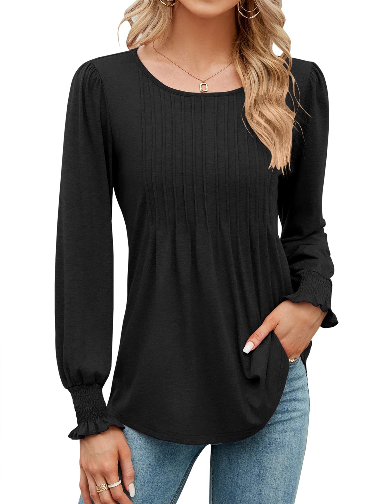 Women's Pleated Puff Long Sleeve Tunic Tops (Buy 2 Free Shipping)